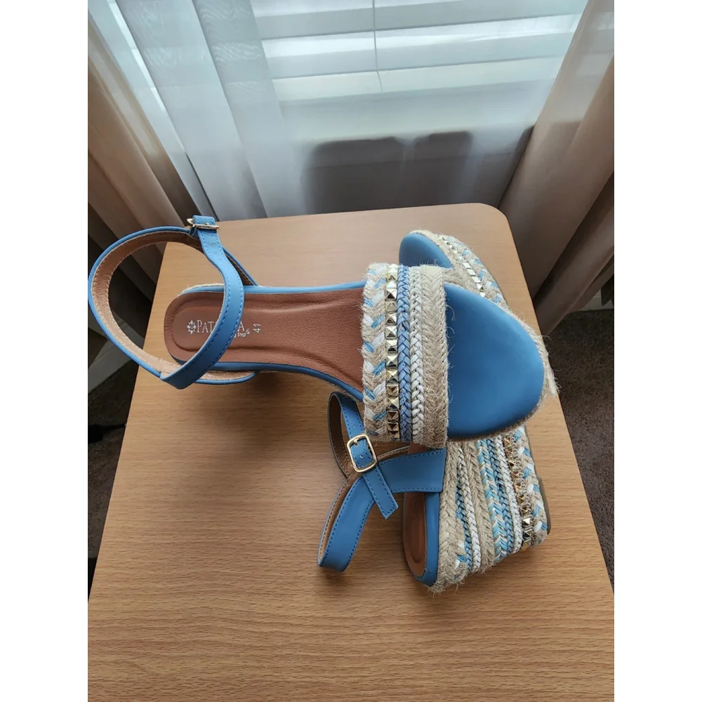 Patrizia Tisch Woven Wedge Light Blue Embellished Espadrille Sandals US 9.5 EU41